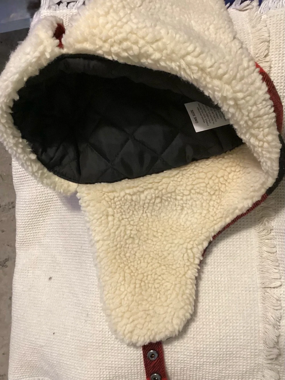 Red & Black Buffalo Plaid Trapper Hat with Cream Sherpa Lining